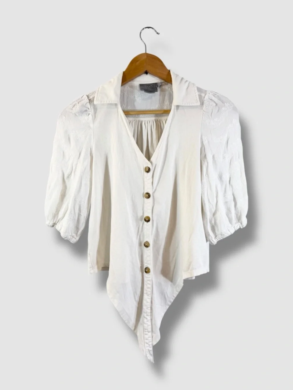 Anthropologie Vanessa Virginia White Knit Top XXSP Button Tie Front Puff Sleeve